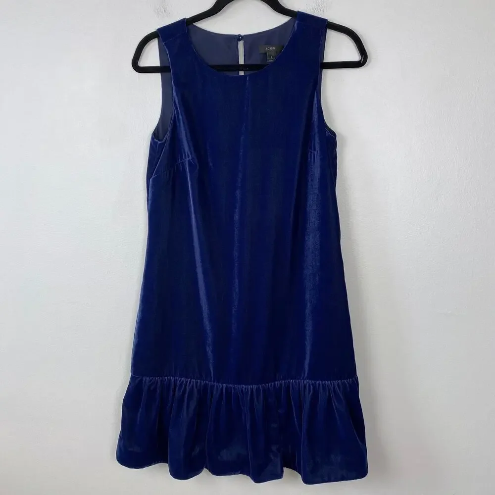 J. Crew Velvet Ruffle‎ Hem Dress Midnight Ink Blue Flounce Hem Cocktail Size 2